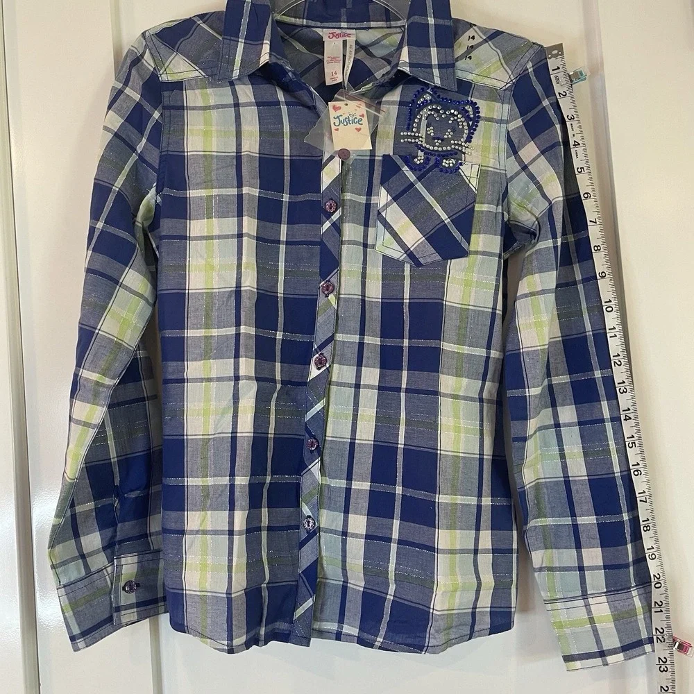 NWT Girls Shirt Top Blue‎ Plaid Roll Tab Long 3/4 Sleeve Cowgirl Cottage Prairie